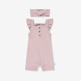 Baby Girl Flared Sleeves Overall & Hair Band RIB2 - Antique Pink