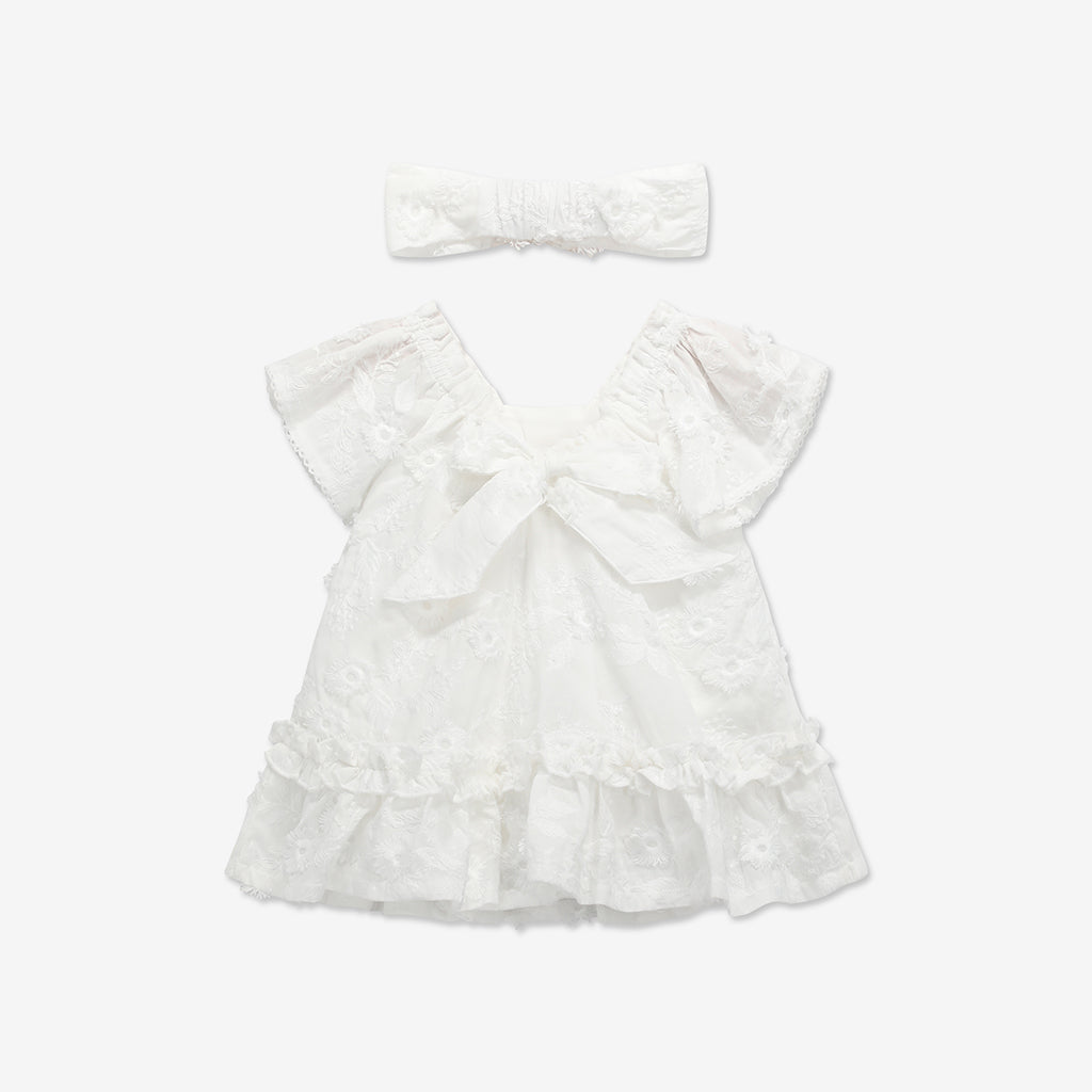 Embroidered Short Sleeve Dress & Bloomers Set + Headband H6