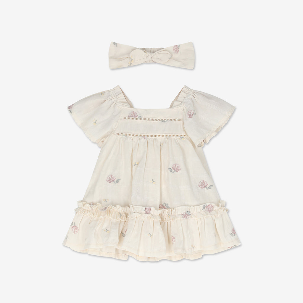 Embroidered Short Sleeve Dress & Bloomers Set + Headband H6