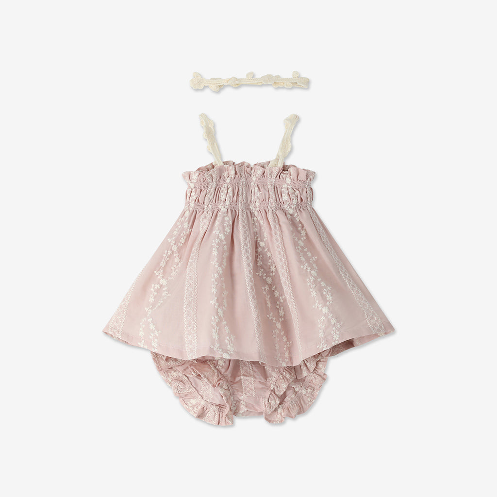 Strappy Embroidered Dress & Bloomers Set + Headbans H
